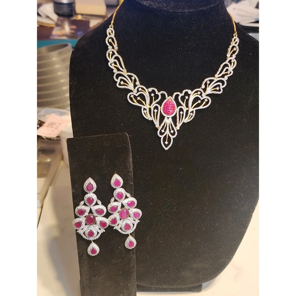 Gold Tone Red Rhinestone Statement Necklace  Chandelier Earrings Set Bollywood